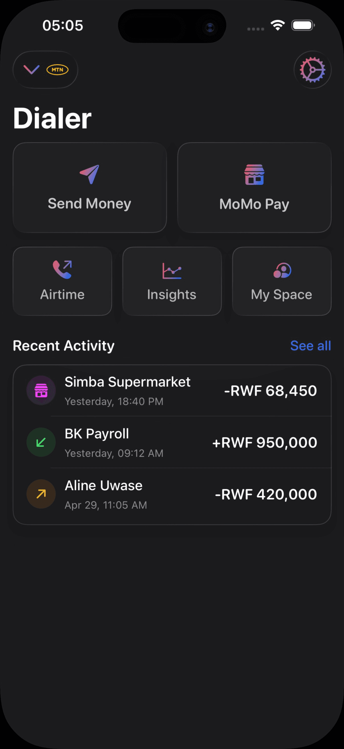 Dial It home screen with recent mobile money activity